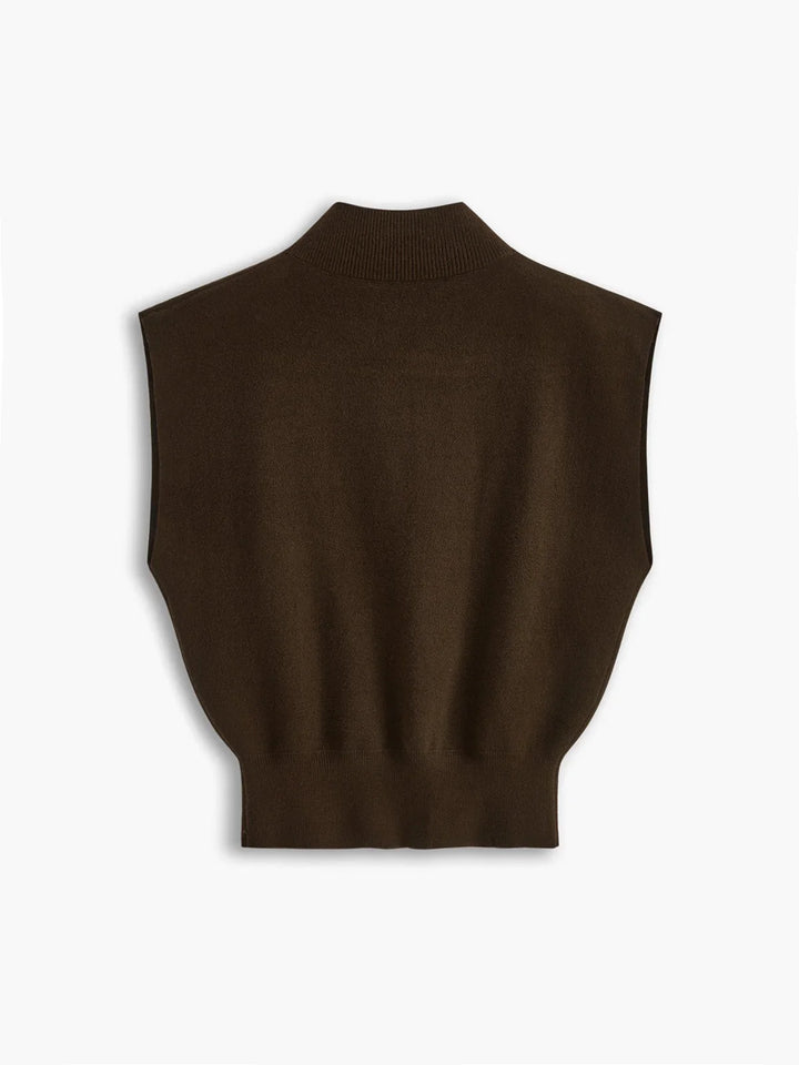 Women's elegant cap sleeve knit top, mock neck, padded shoulders for a refined and structured look.