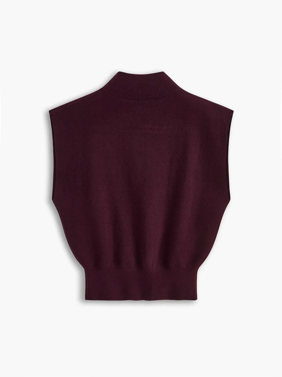 Women's structured mock neck knit, padded cap sleeves, offering a smart, elegant office-ready style.