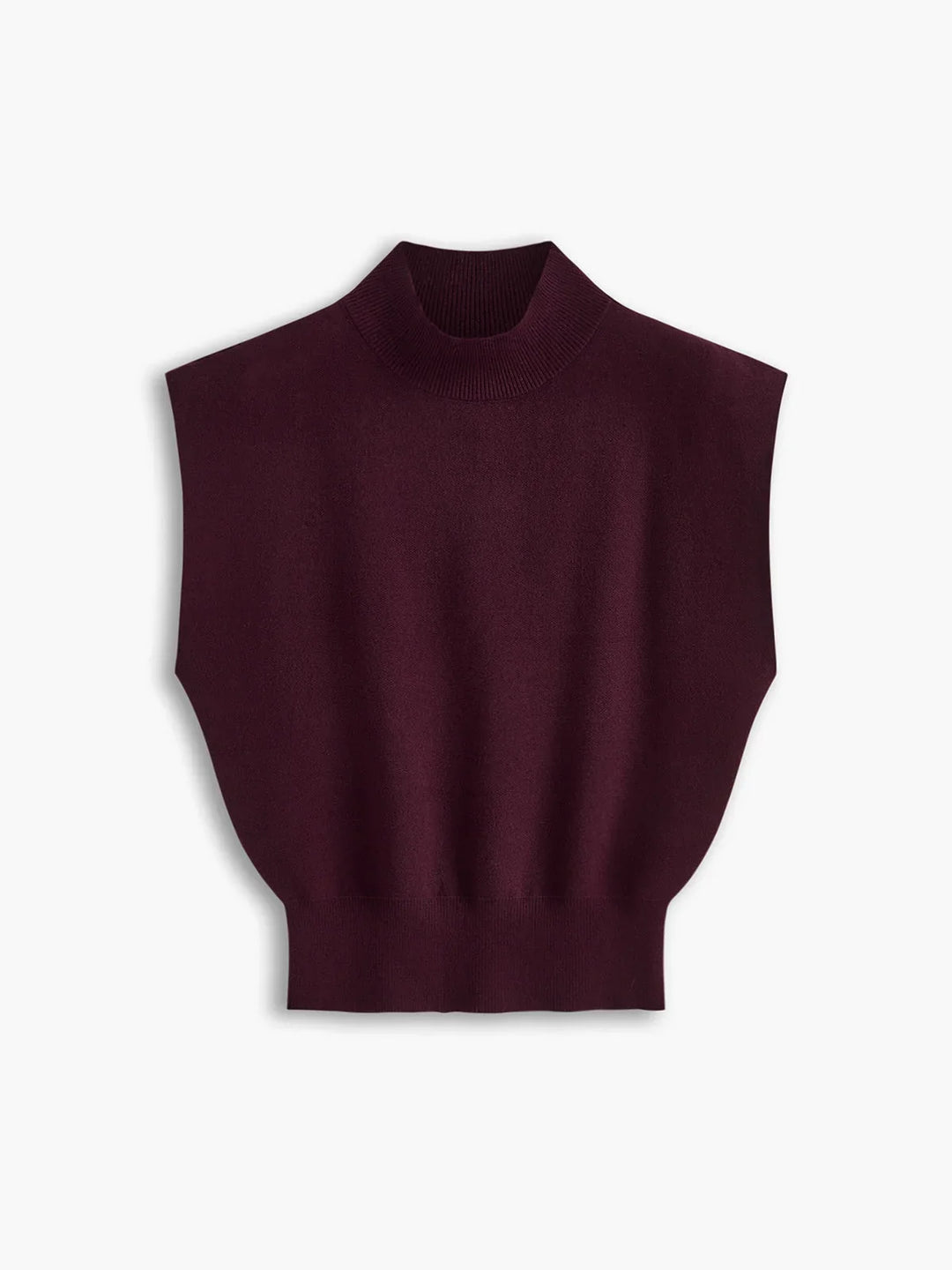 Versatile women's fashion top, mock neck, padded shoulders, and cap sleeves, a refined knit.