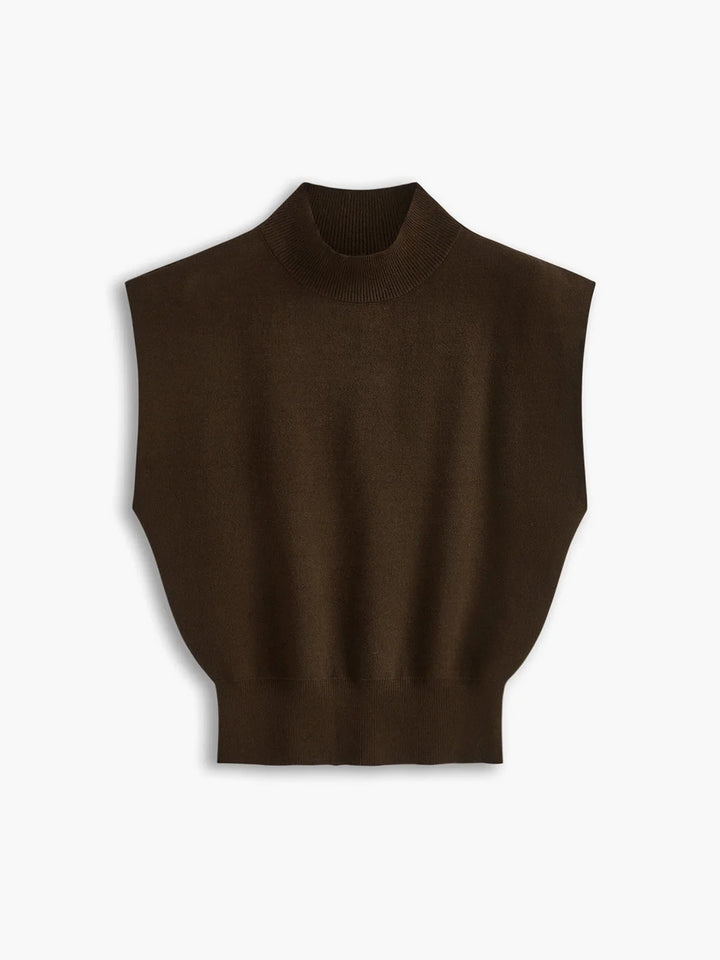 Chic women's mock neck knit, elegant padded cap sleeves for sophisticated smart casual style.