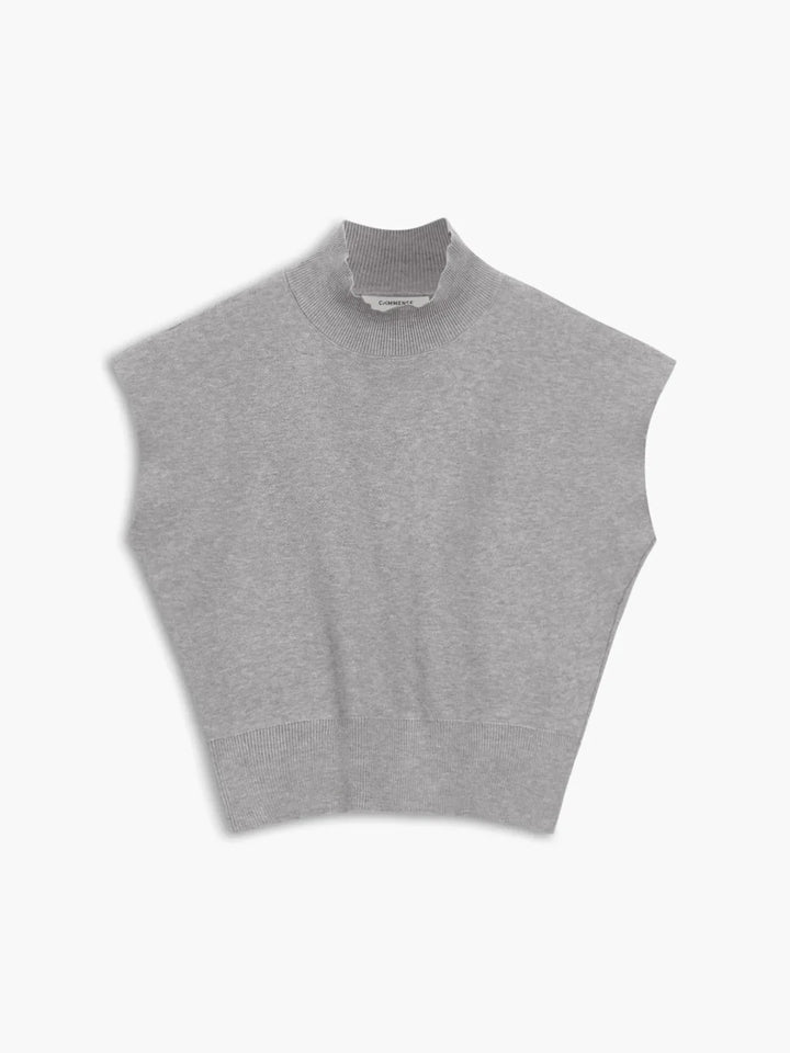 Structured women's mock neck knit top featuring elegant padded cap sleeves for workwear.