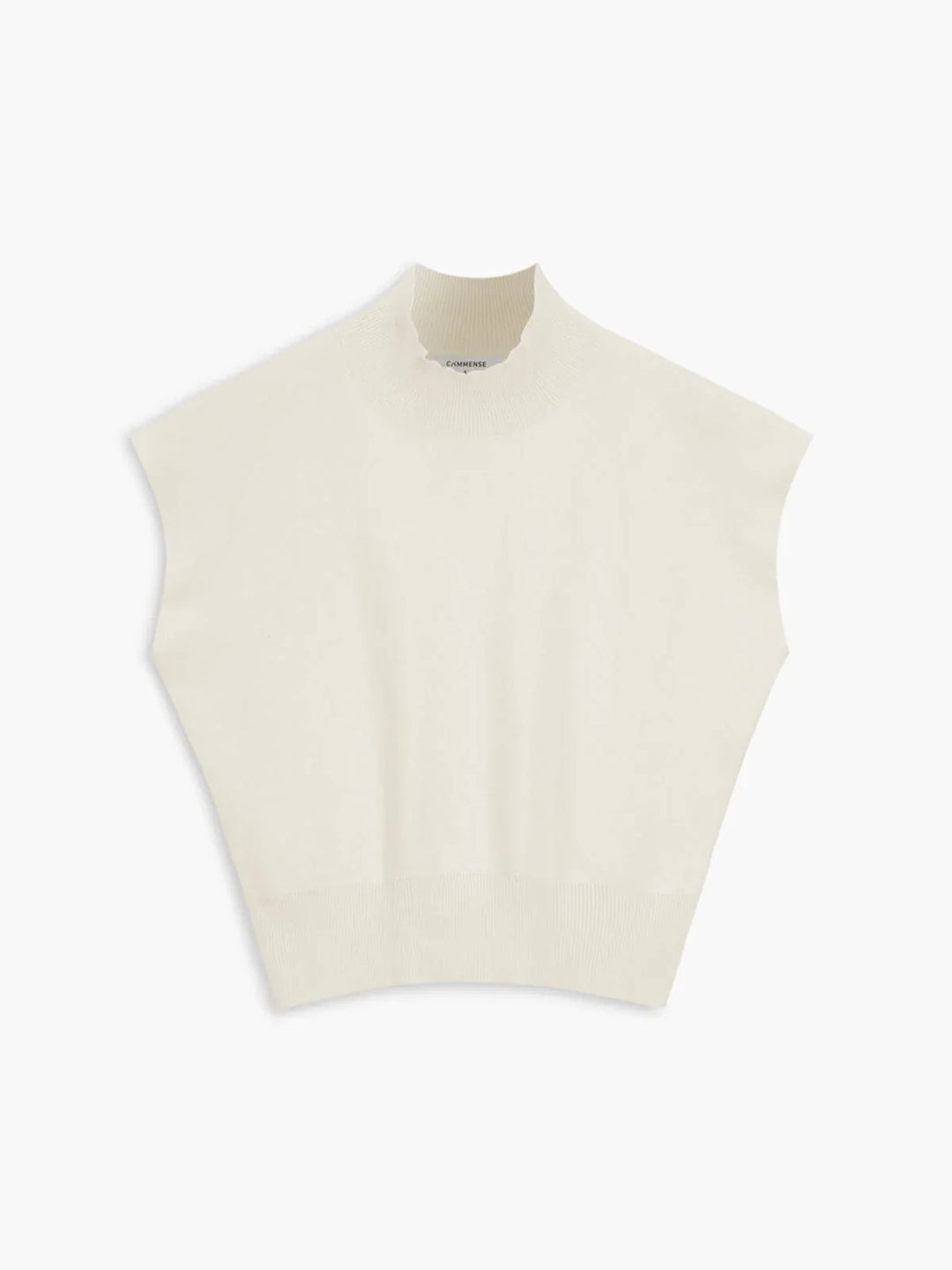 Women's stylish padded shoulder mock neck top, cap sleeve knit for a chic, modern look.