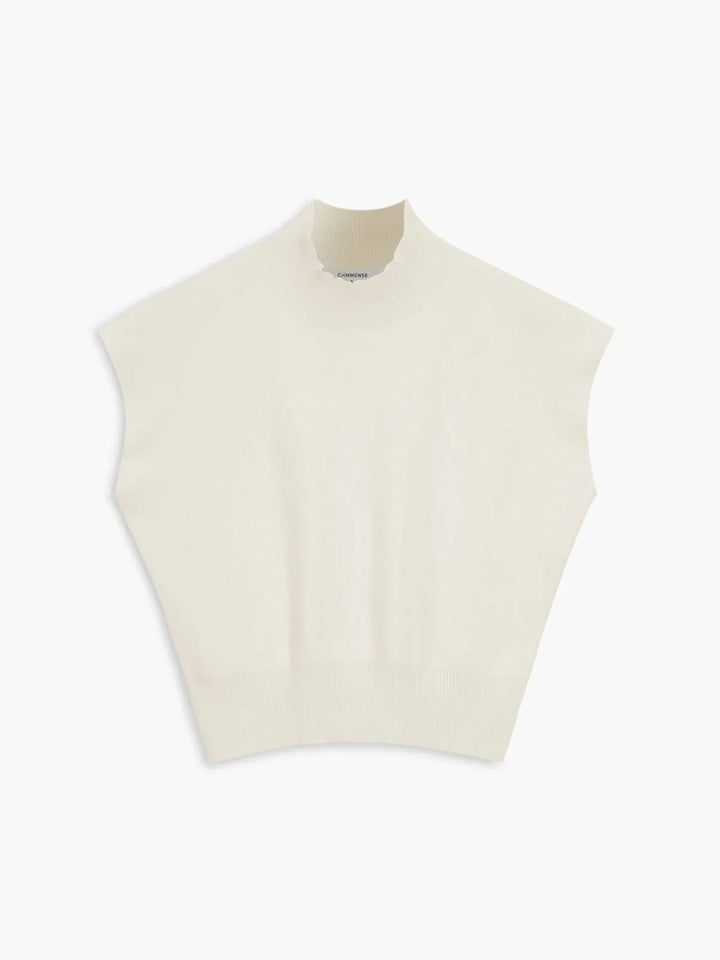 Women's stylish padded shoulder mock neck top, cap sleeve knit for a chic, modern look.