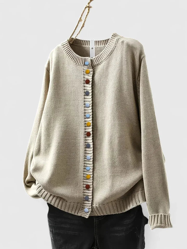 Women's relaxed fit knit cardigan sweater with multi-color button front, perfect for casual layering.