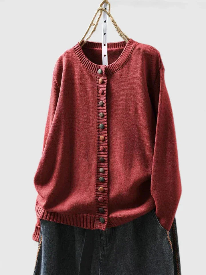 Versatile women's crewneck knit cardigan sweater, perfect for layering with its relaxed fit & stylish buttons.