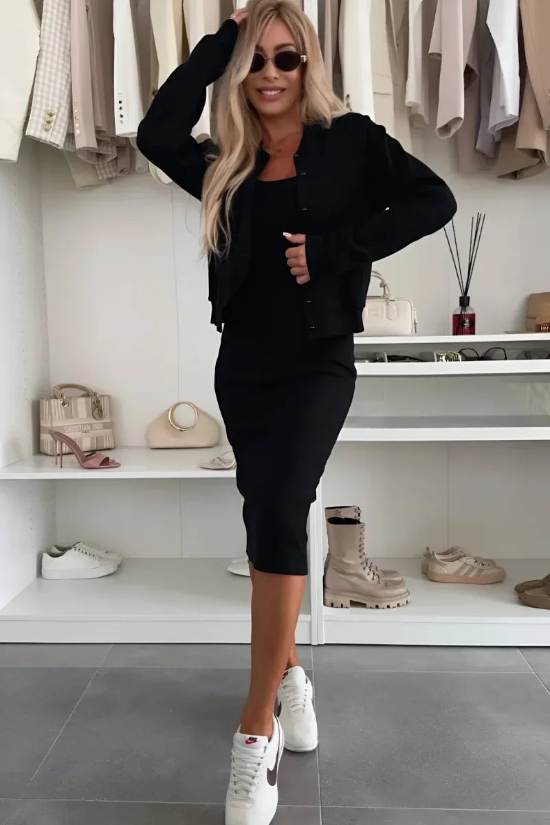 Fashionable women's two-piece set: square-neck midi dress and bomber cardigan. Elegant and versatile.