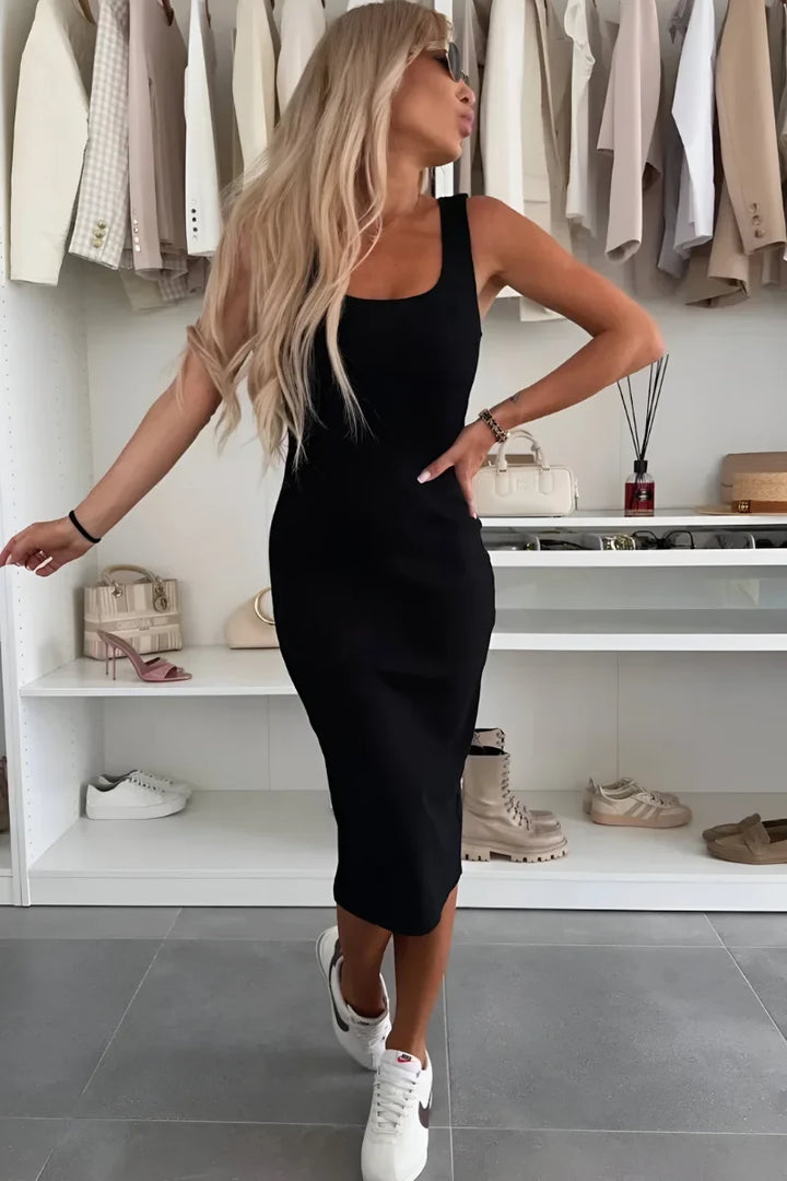 Chic women's two-piece set: square-neck midi dress & bomber cardigan for a versatile spring/summer outfit.