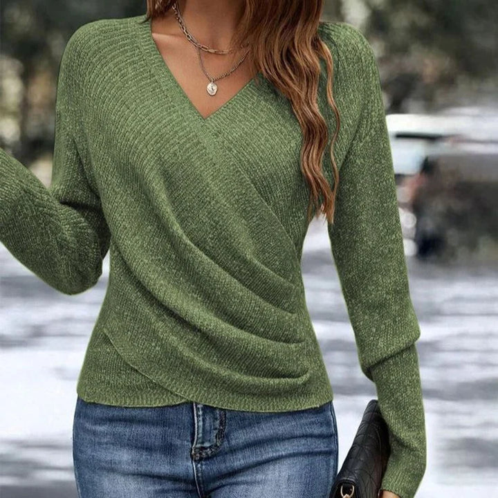 Feminine wrap-front V-neck sweater, long sleeves. A comfortable, elegant women's layering top for any occasion.