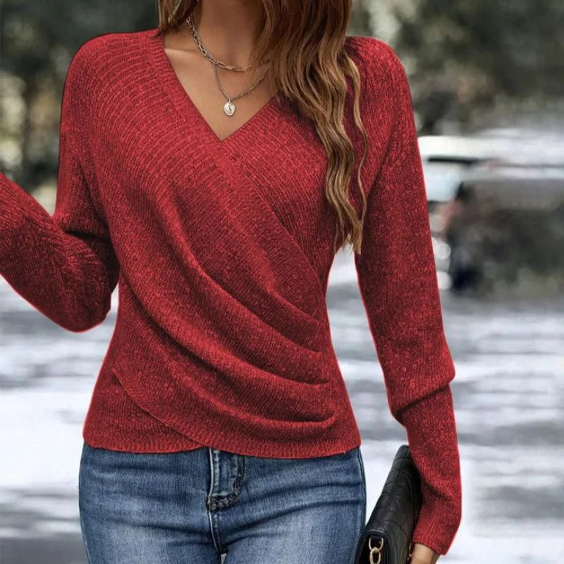 Chic women's V-neck wrap sweater with long sleeves. An elegant and feminine choice for fall & spring fashion.