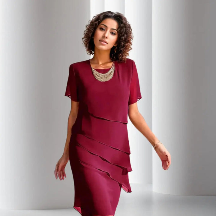 Women's elegant short sleeve tiered midi dress, ideal for wedding guests, cocktail parties & formal events.