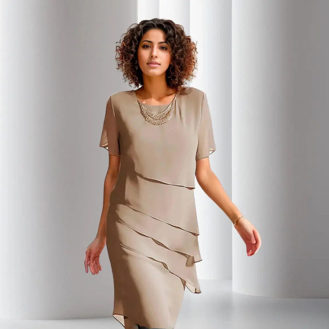 Formal women's midi dress with elegant layers & tiers, suitable for evening parties, cocktails & special occasions.