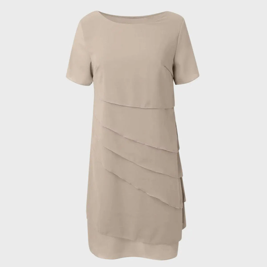 Elegant women's layered tiered midi cocktail dress for parties & formal occasions. Short sleeve design.