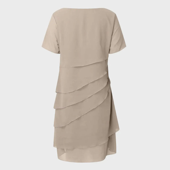 Elegant layered & tiered midi cocktail dress for women. Short sleeve style, perfect for parties and evening events.