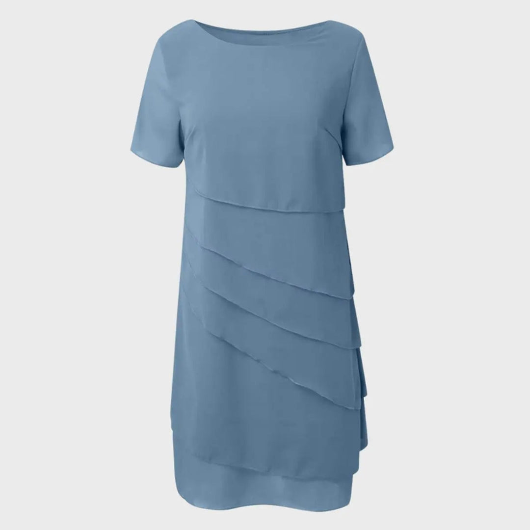 Women's elegant tiered midi cocktail dress with graceful layers and short sleeves, for formal parties & events.