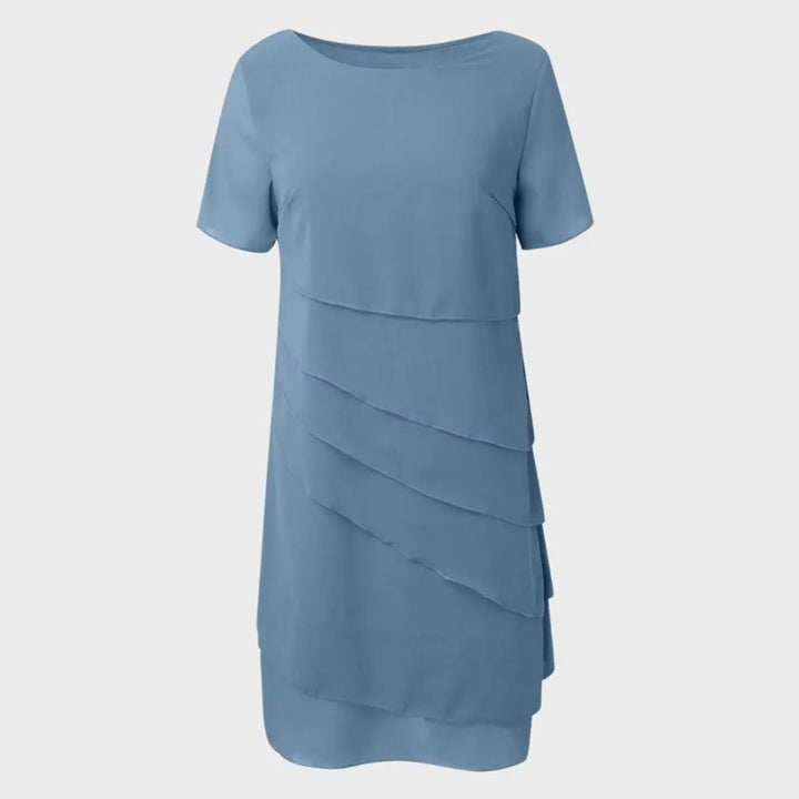 Women's elegant tiered midi cocktail dress with graceful layers and short sleeves, for formal parties & events.