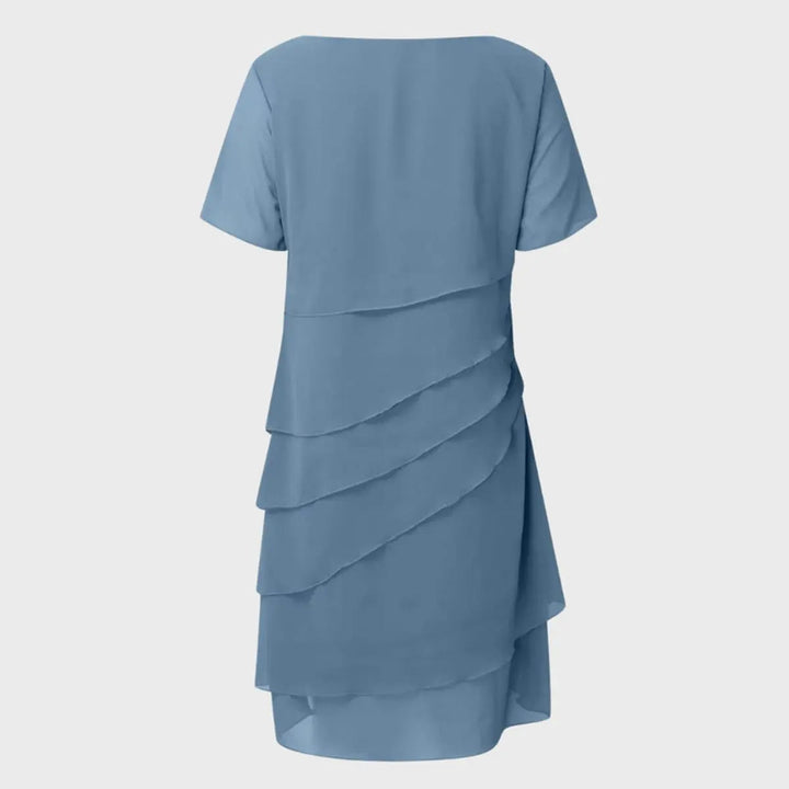Wedding guest women's elegant midi dress, layered & tiered with short sleeves, perfect for formal occasions.
