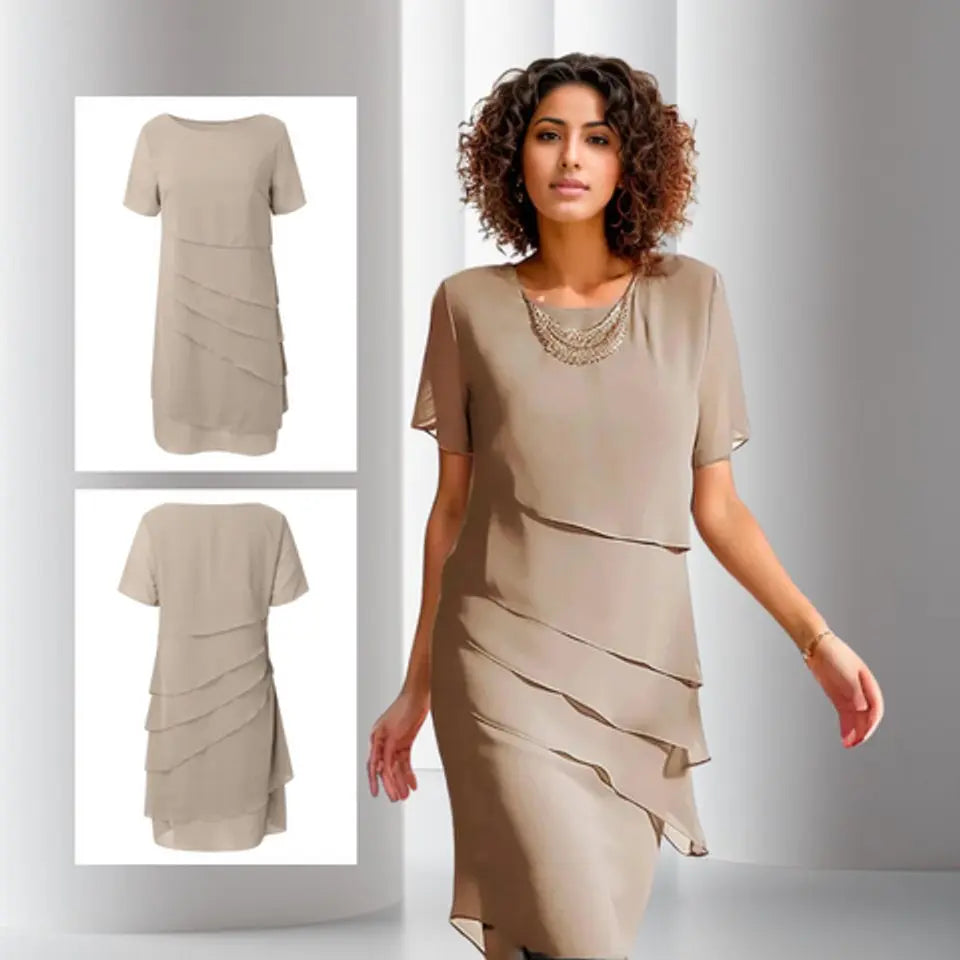 Elegant women's evening midi dress, layered & tiered, with short sleeves, suitable for cocktail & party events.
