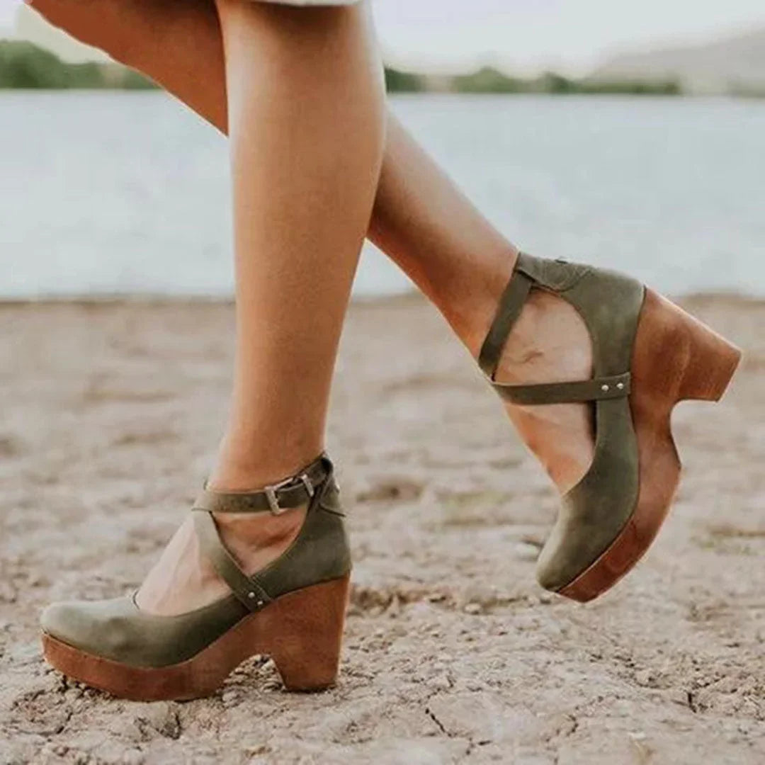 Comfortable women's closed-toe platform wedge heels. Stylish Mary-Jane design with ankle strap for all-day wear.