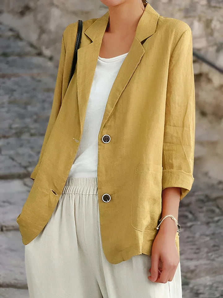 "Women's lightweight linen blazer, stylish, breathable, tailored fit, classic lapel, patch pockets, casual elegance."