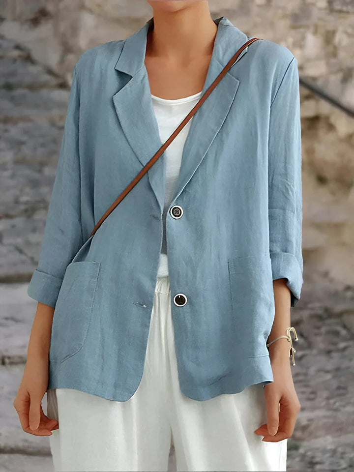 "Women's lightweight linen blazer, stylish, breathable, tailored fit, classic lapel, patch pockets, casual elegance."