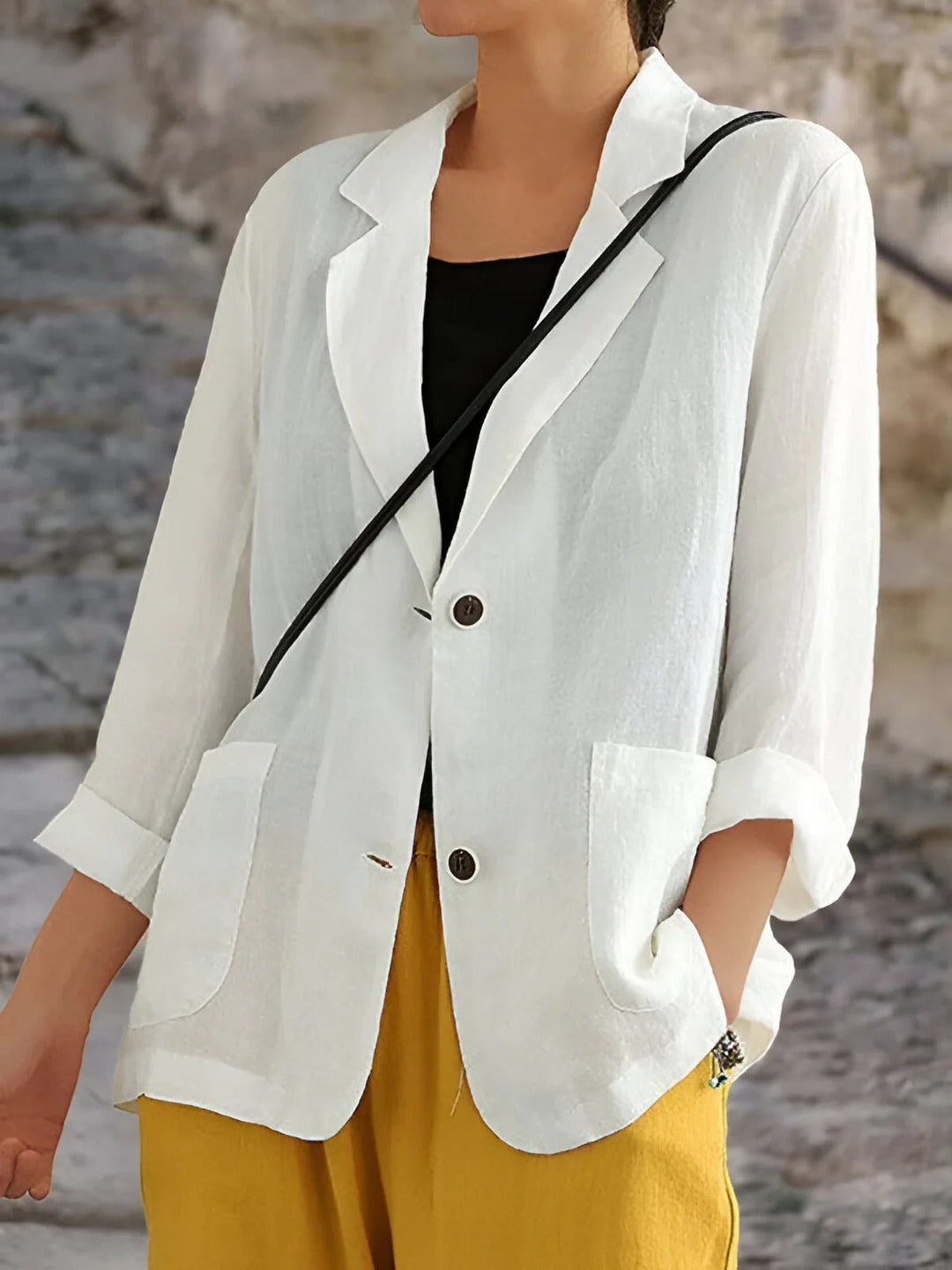 "Women's lightweight linen blazer, stylish, breathable, tailored fit, classic lapel, patch pockets, casual elegance."