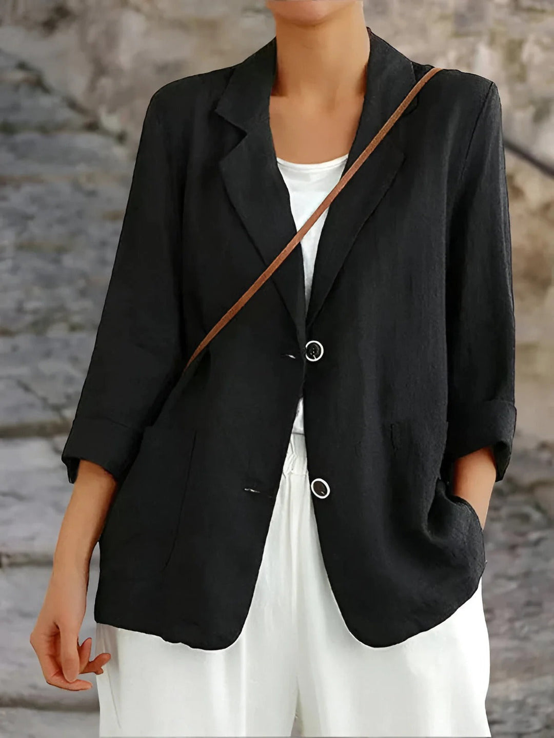 "Women's lightweight linen blazer, stylish, breathable, tailored fit, classic lapel, patch pockets, casual elegance."