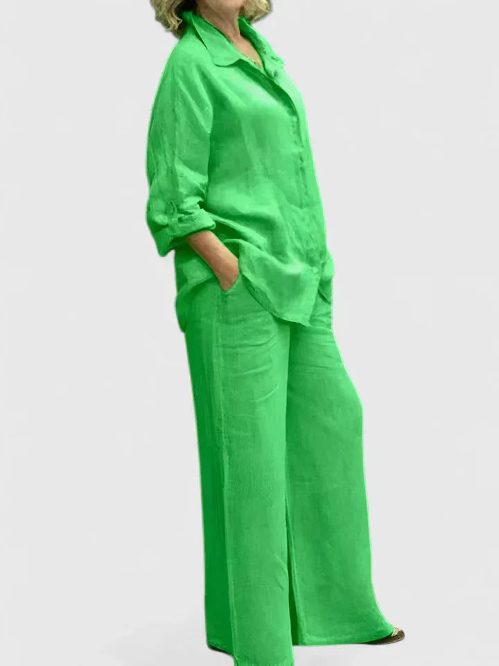 Women's fashionable button-down shirt & wide leg pants set, perfect for an effortless everyday chic look.