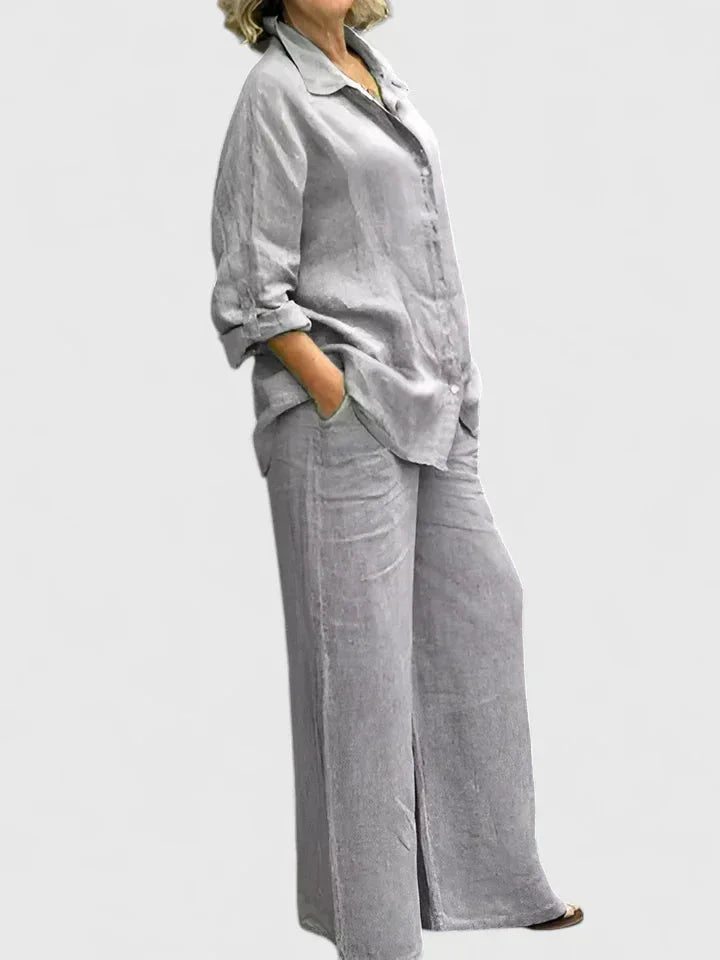 Everyday chic women's matching set with a loose button-down shirt and flowy wide leg pants.