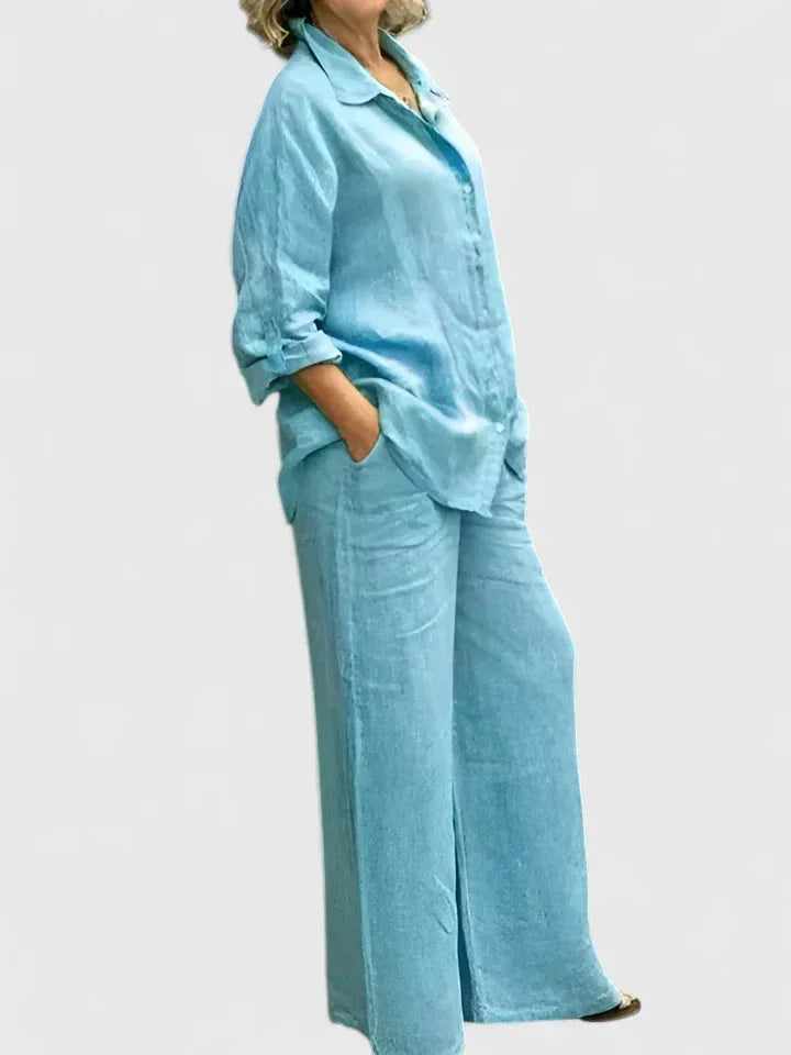 Women's spring/summer two-piece set: relaxed button-down top and comfortable wide leg trousers.