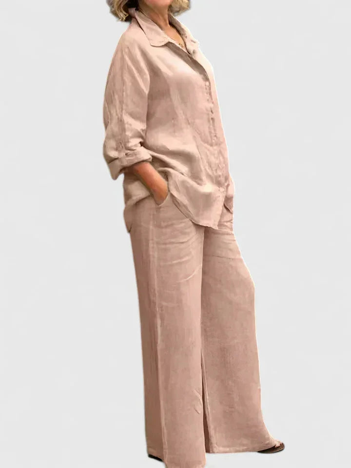 Women's cozy relaxed button-down shirt and flowy wide leg pants set, excellent for lounging or travel.