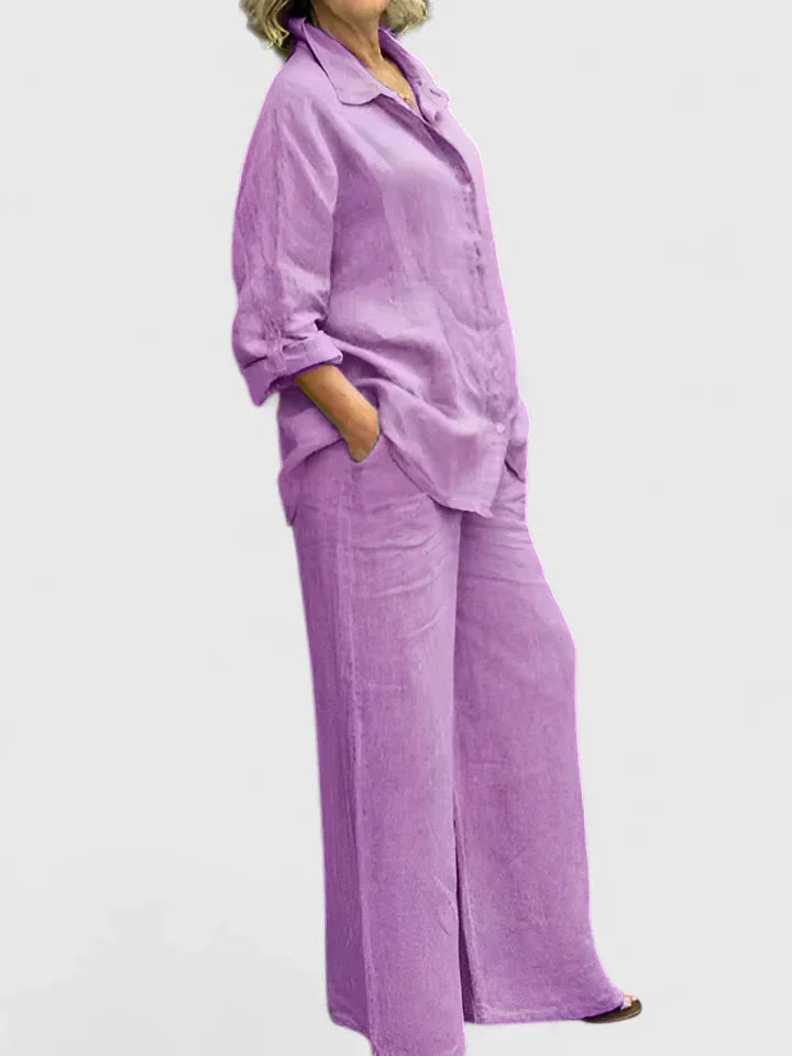 Comfortable women's relaxed fit shirt and wide leg trousers two-piece set, great for resort wear.