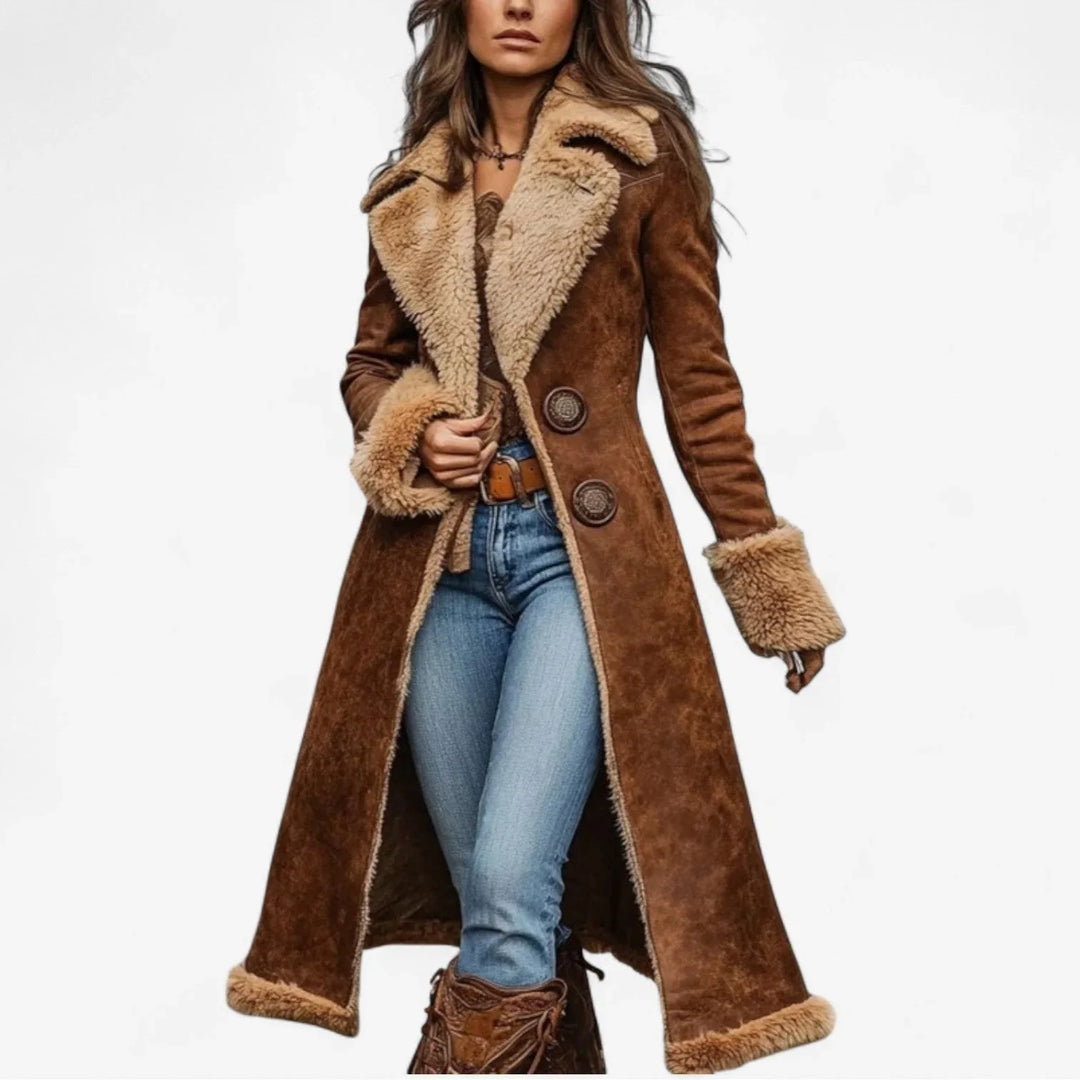 Women's long brown aviator trench coat, cozy & chic winter outerwear for versatile fashion.