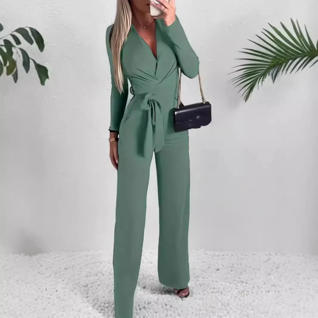 Elegant women's long-sleeve V-neck wide-leg jumpsuit with tie-waist, perfect for chic casual or dressy occasions.
