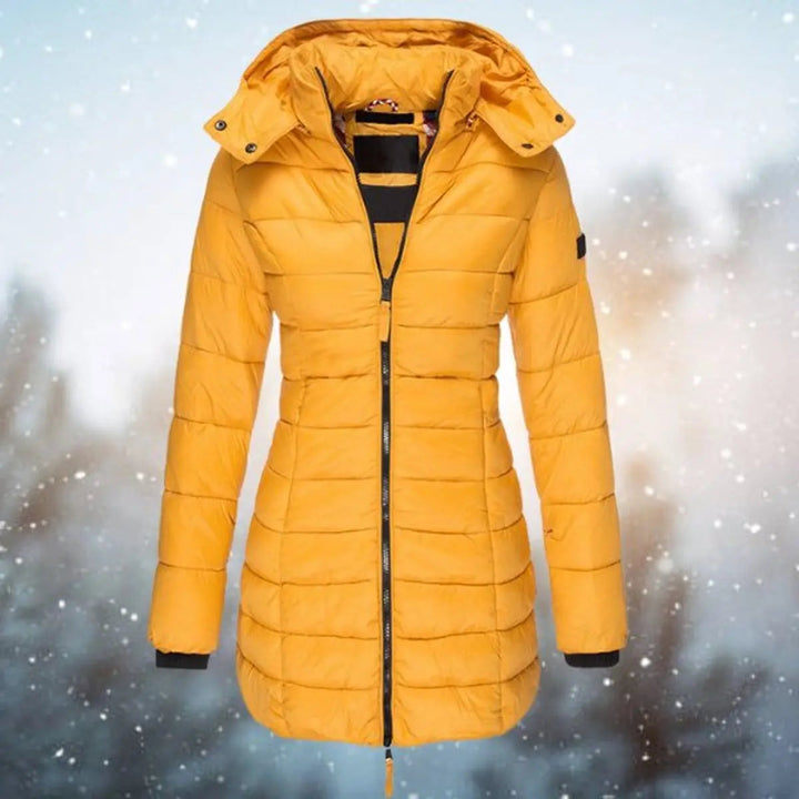 Padded women's long puffer coat with hood & zip front, ideal for cold weather fashion.