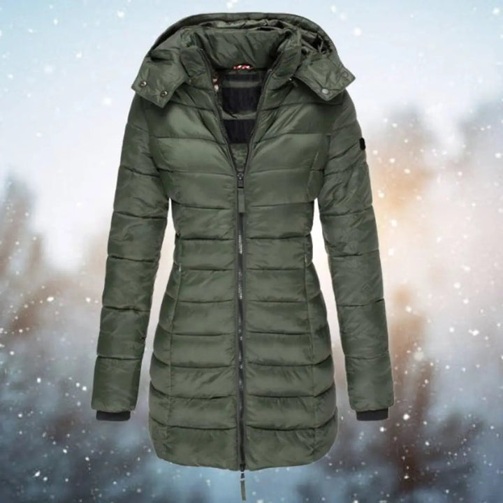 Cozy women's hooded long quilted puffer jacket, excellent for fall & winter warmth.