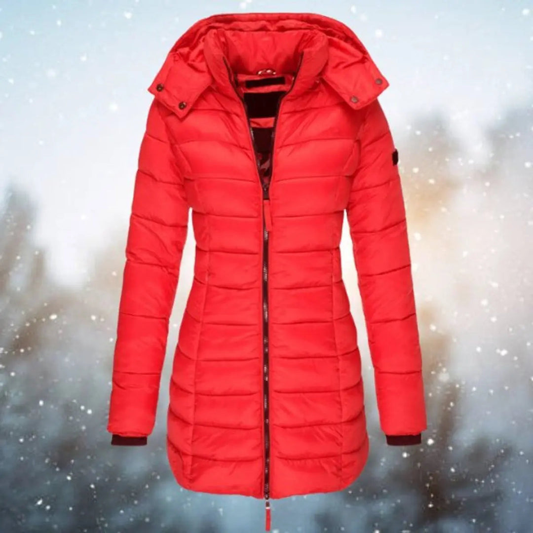 Casual women's hooded long puffer jacket, a warm quilted coat for everyday cold weather style.