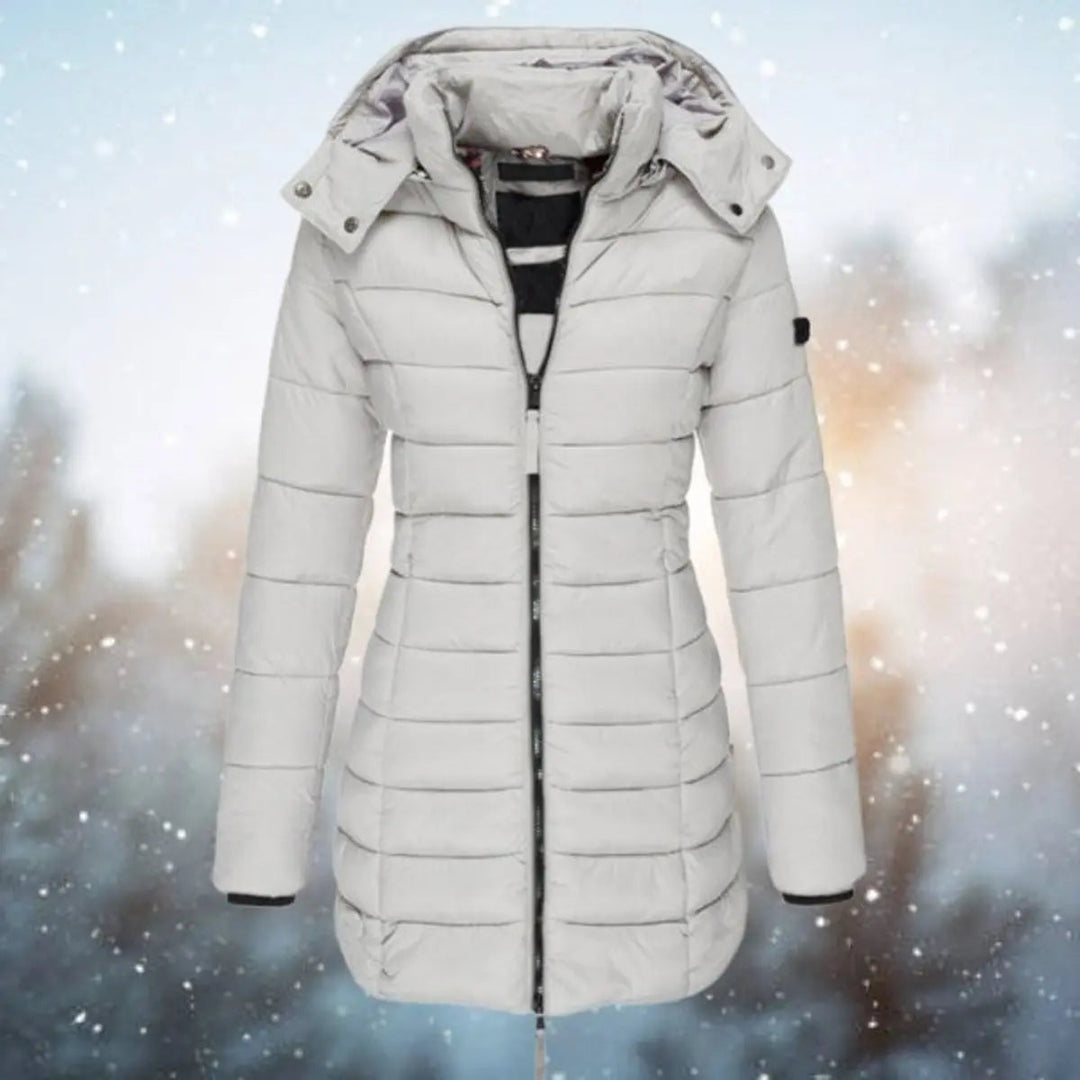 Stylish women's long padded jacket, a hooded quilted puffer coat for fall & winter fashion.