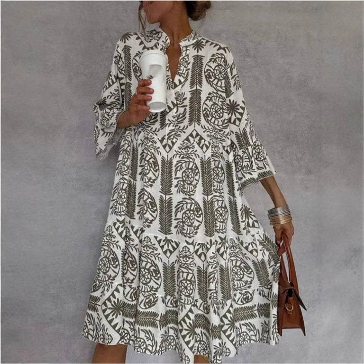 Boho style floral print summer tunic dress, ideal as a comfortable loose fit beach cover-up.