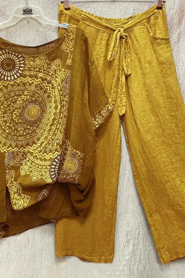 Women's boho mandala print wide leg pants and matching top set with drawstring waist, perfect for summer casual wear.