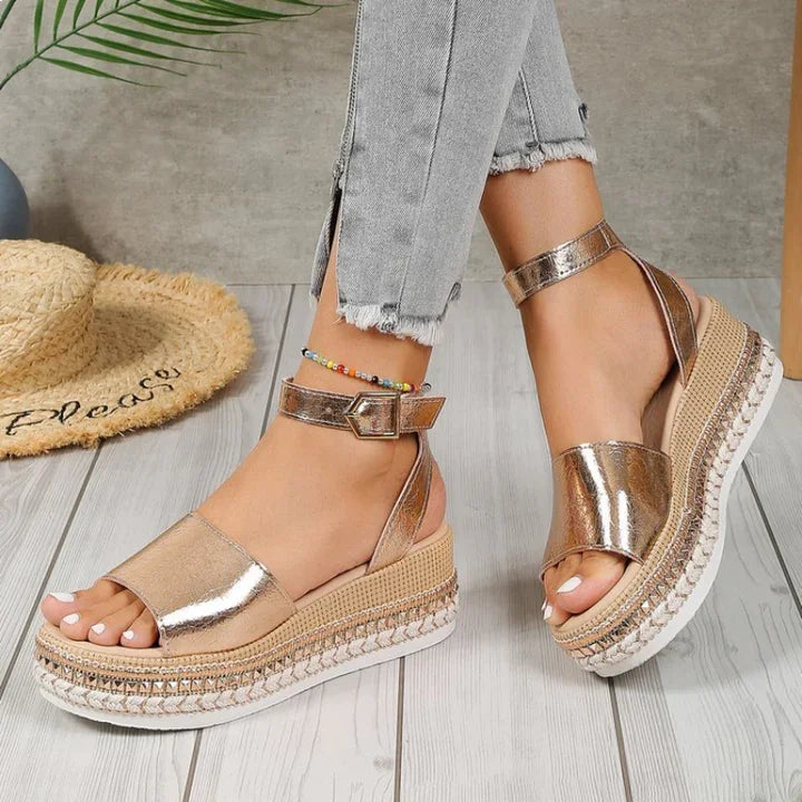 Elegant women's metallic espadrille sandals. Orthopedic design with adjustable ankle strap for summer comfort.