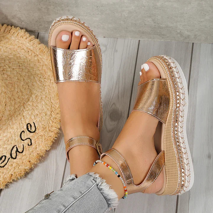 Women's comfortable metallic orthopedic sandals. Espadrille sole, adjustable strap. Ideal for summer walks.