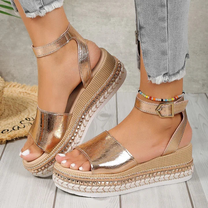 Women's metallic orthopedic espadrille sandals with adjustable strap, comfortable for walking all summer.