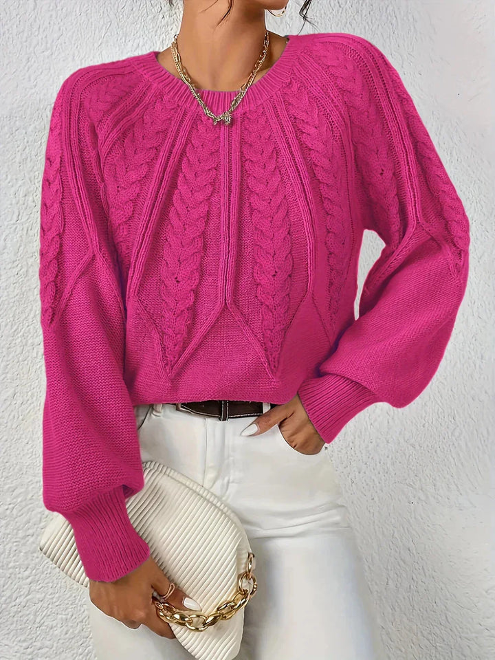 Textured cable knit women's crew neck sweater, cozy fall & winter knitwear with a modern silhouette.