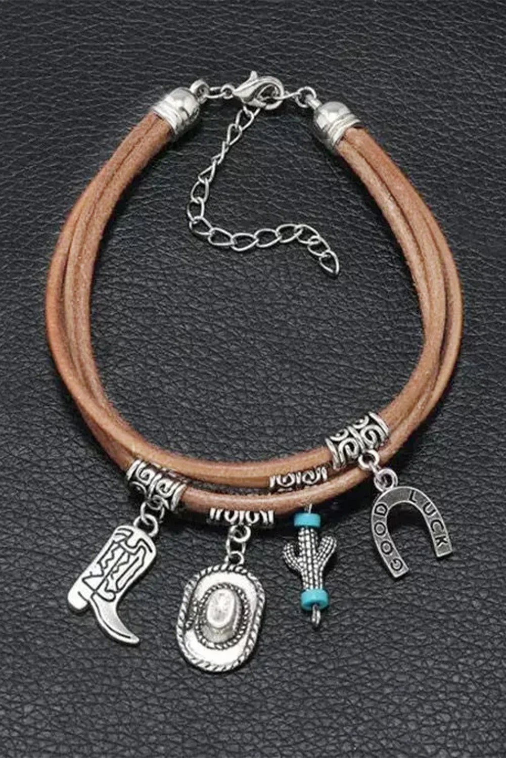 Authentic Western women's silver charm bracelet with hat, boot, and cactus. A must-have cowgirl jewelry piece.