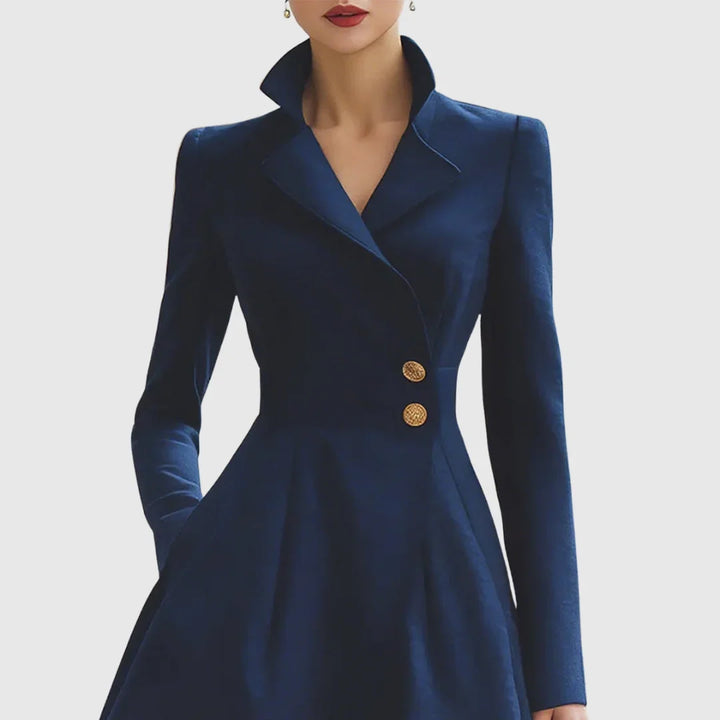 Elegant navy V-neck trench coat midi dress for women, featuring a tailored silhouette & stylish gold buttons.