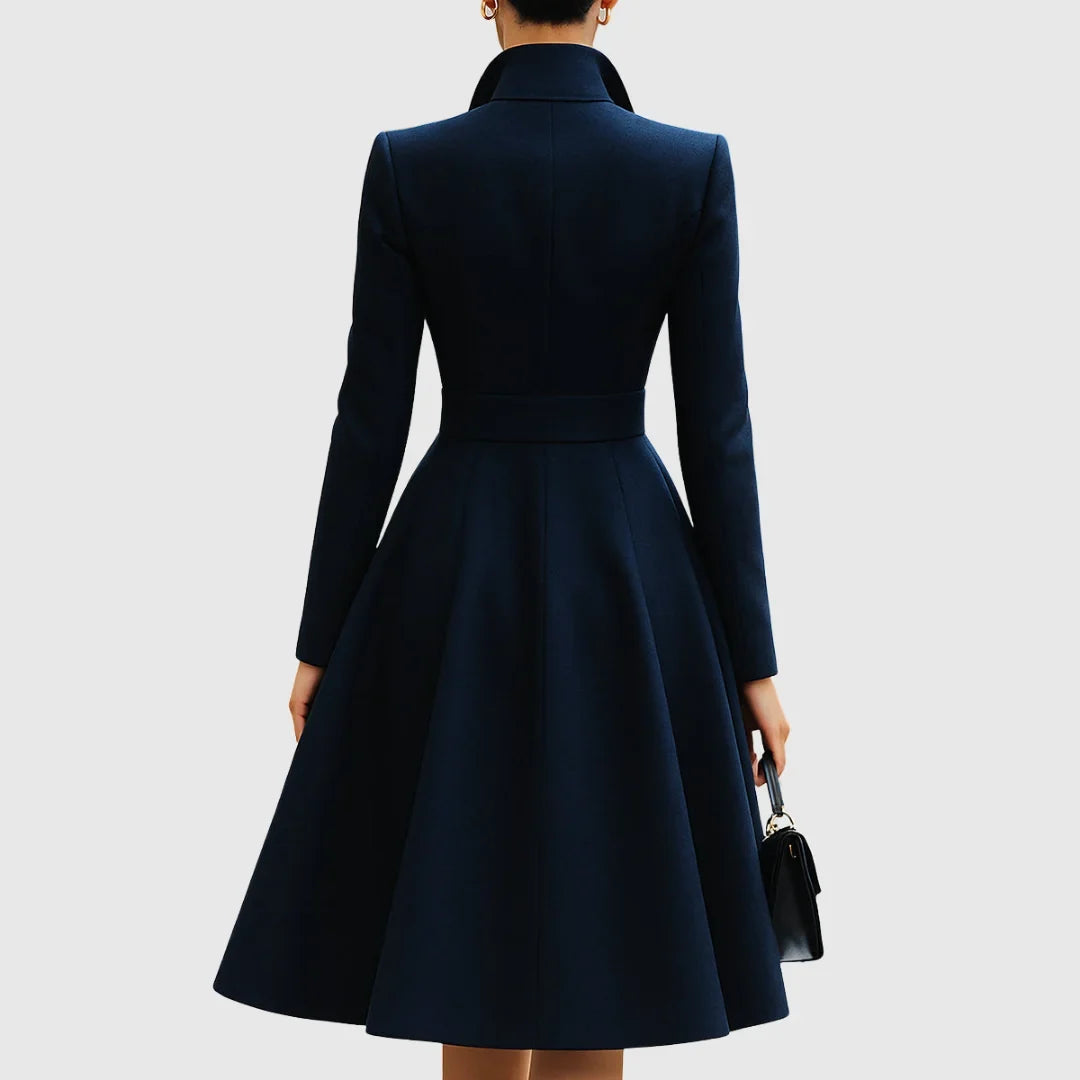 Sophisticated women's navy midi trench dress with V-neck, tailored fit & chic gold buttons. Ideal formal wear.