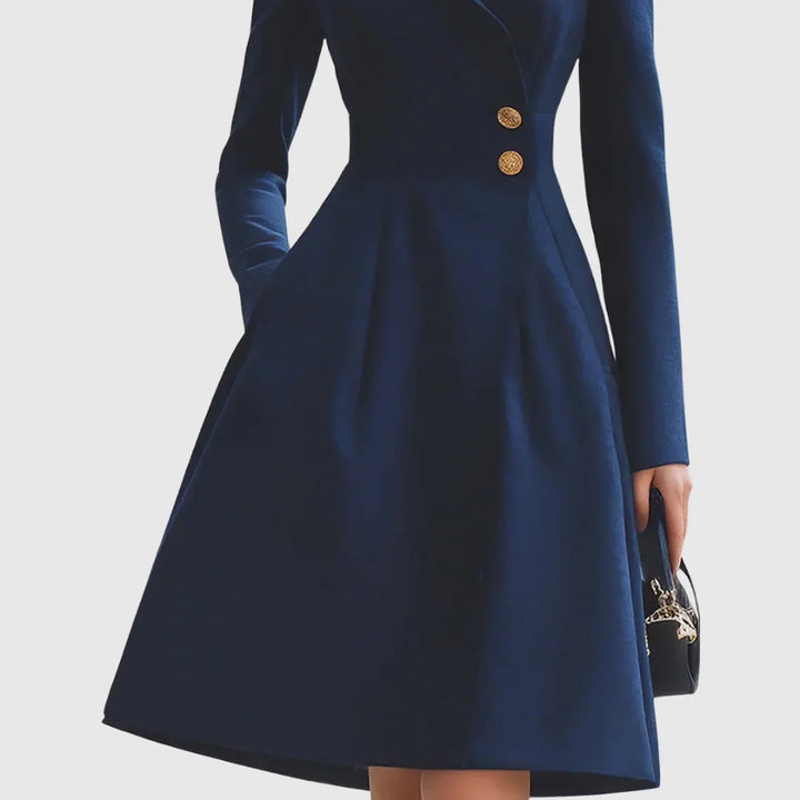 Versatile navy tailored midi dress for women, trench coat style, V-neckline & decorative gold buttons.