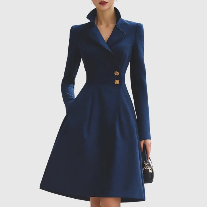 Women's navy tailored trench coat midi dress, V-neck, long sleeves & elegant gold buttons. Perfect for office.