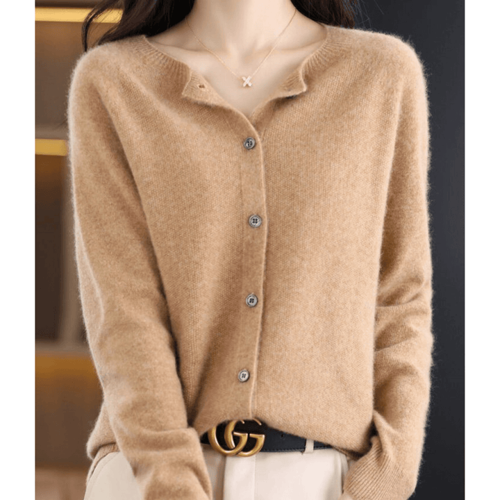 Women's O-neck cashmere-like wool sweater, full-length cardigan, button-down, tailored fit, classic V-neck style.