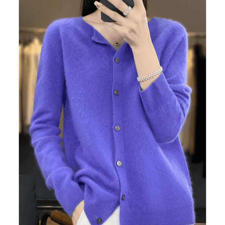 Women's O-neck cashmere-like wool sweater, full-length cardigan, button-down, tailored fit, classic V-neck style.